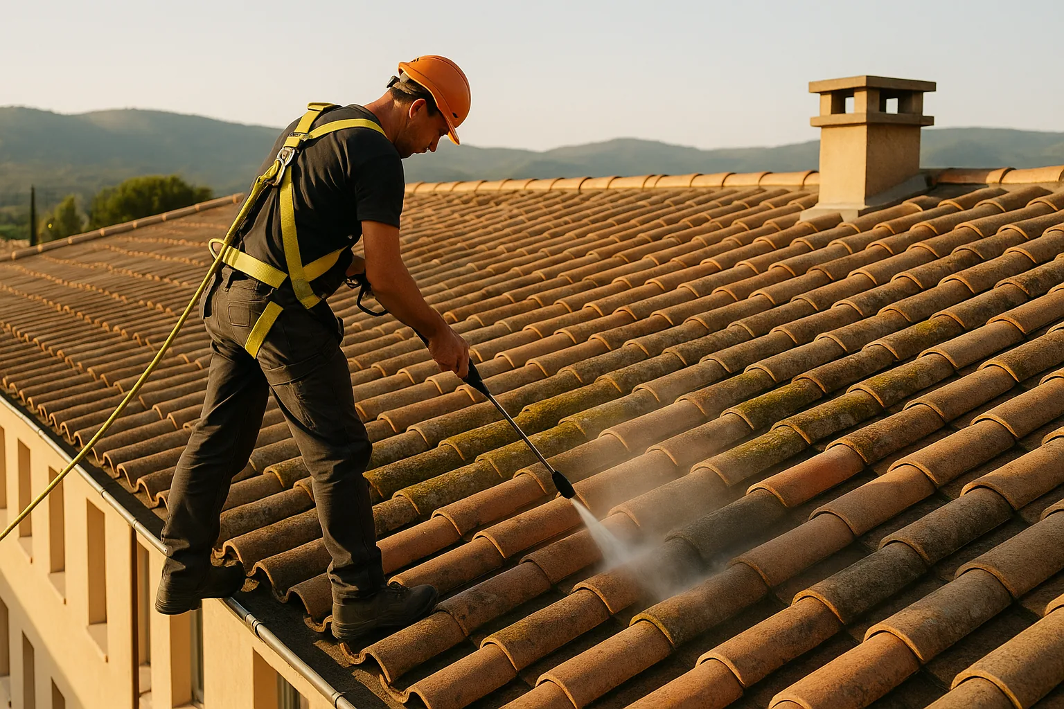 Demoussage et nettoyage de toiture d'un batiment collectif en Provence