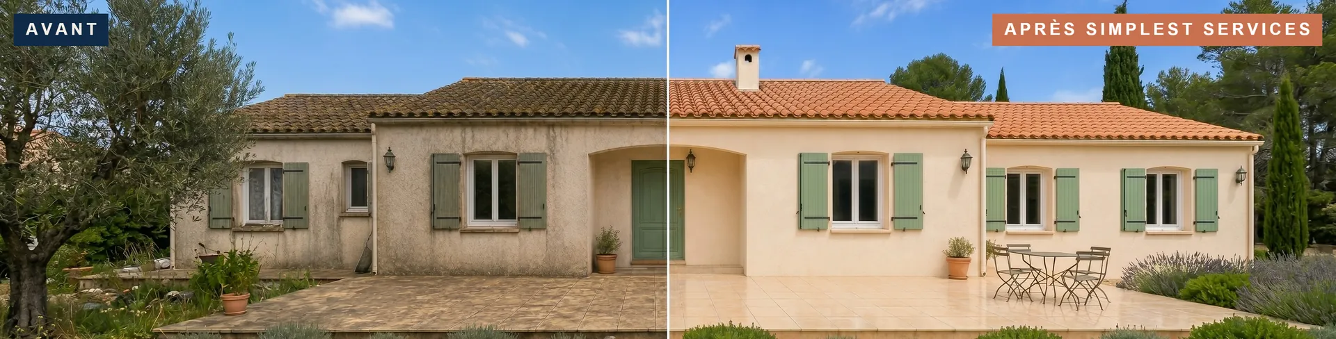 Maison provençale avant et après nettoyage de la toiture, de la façade et de la terrasse par Simplest Services