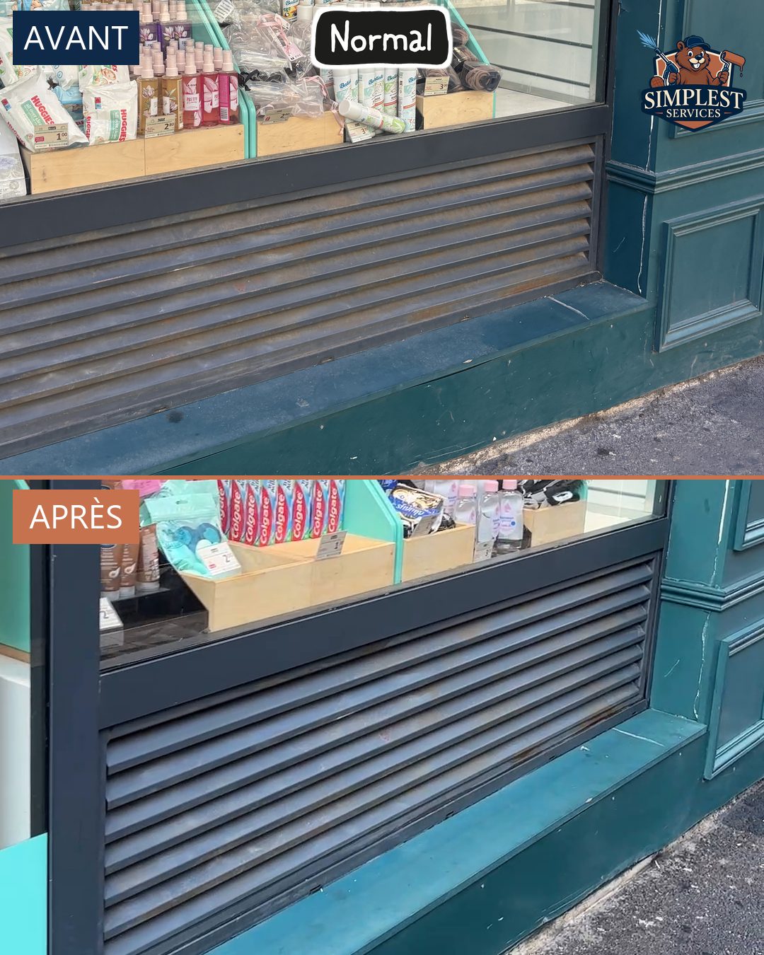 Avant et après le nettoyage de la vitrine d'un magasin Normal