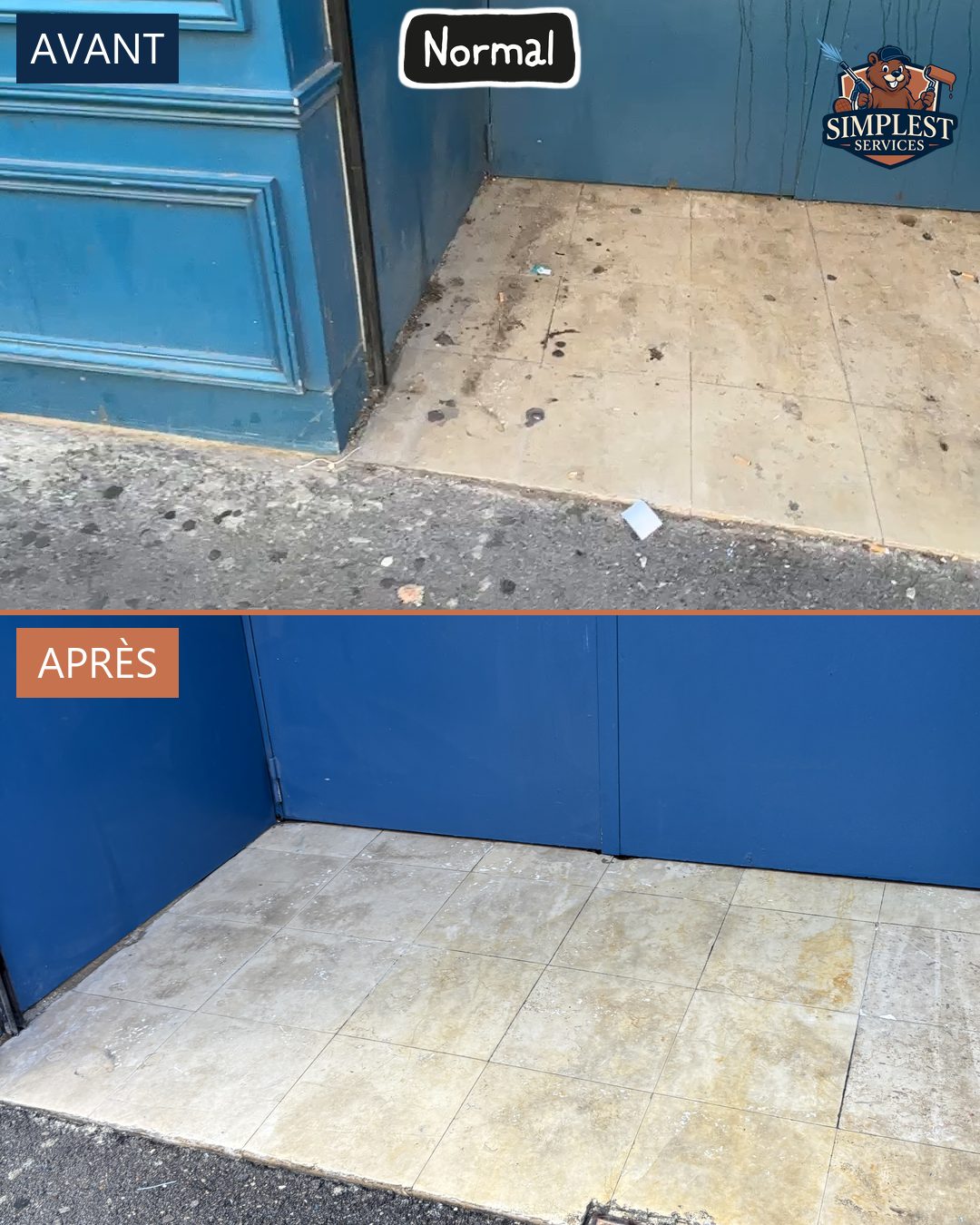 Avant et après le nettoyage du sol devant l'entrée d'un magasin Normal