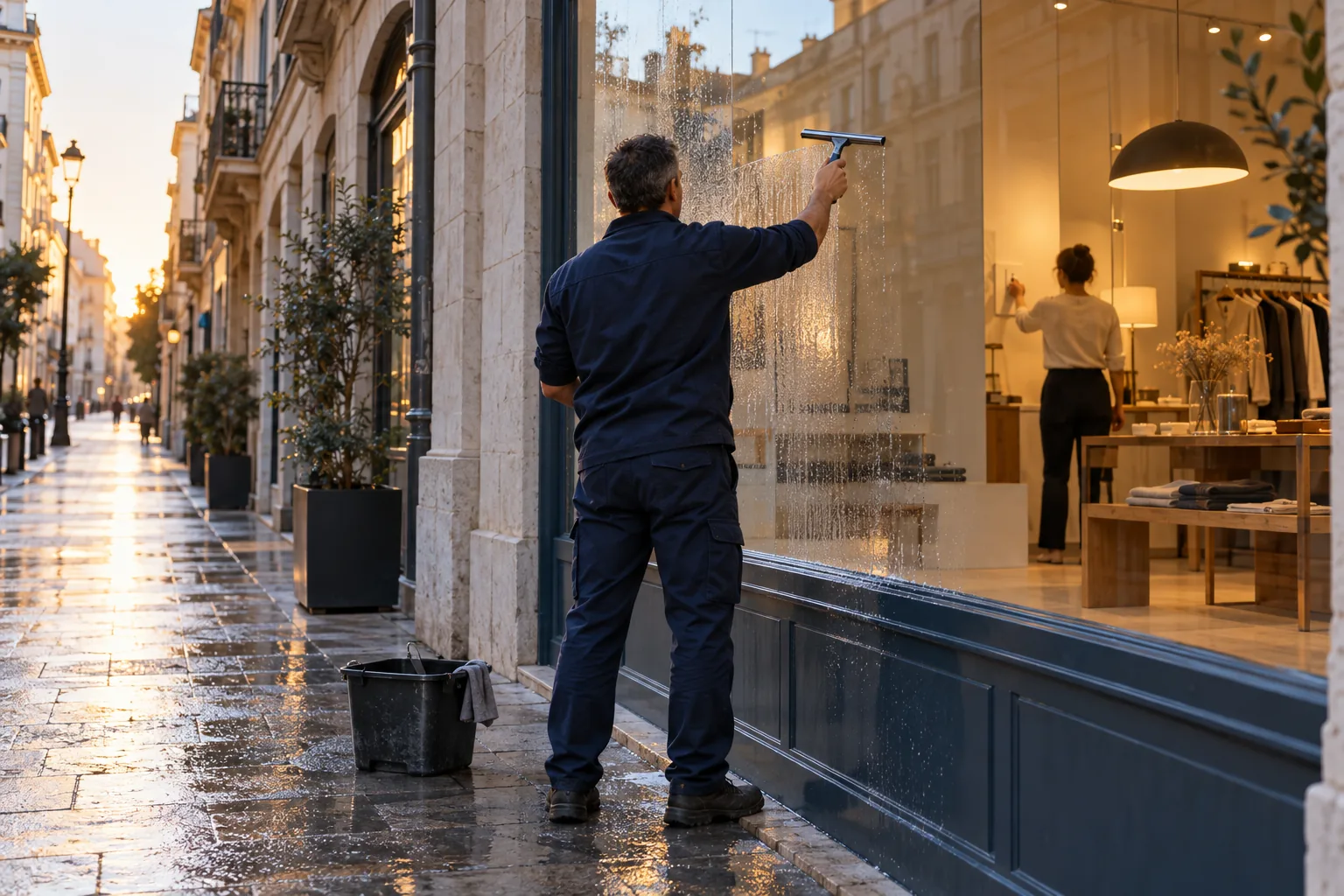 Nettoyage de la vitrine d'un commerce de Marseille avant l'ouverture